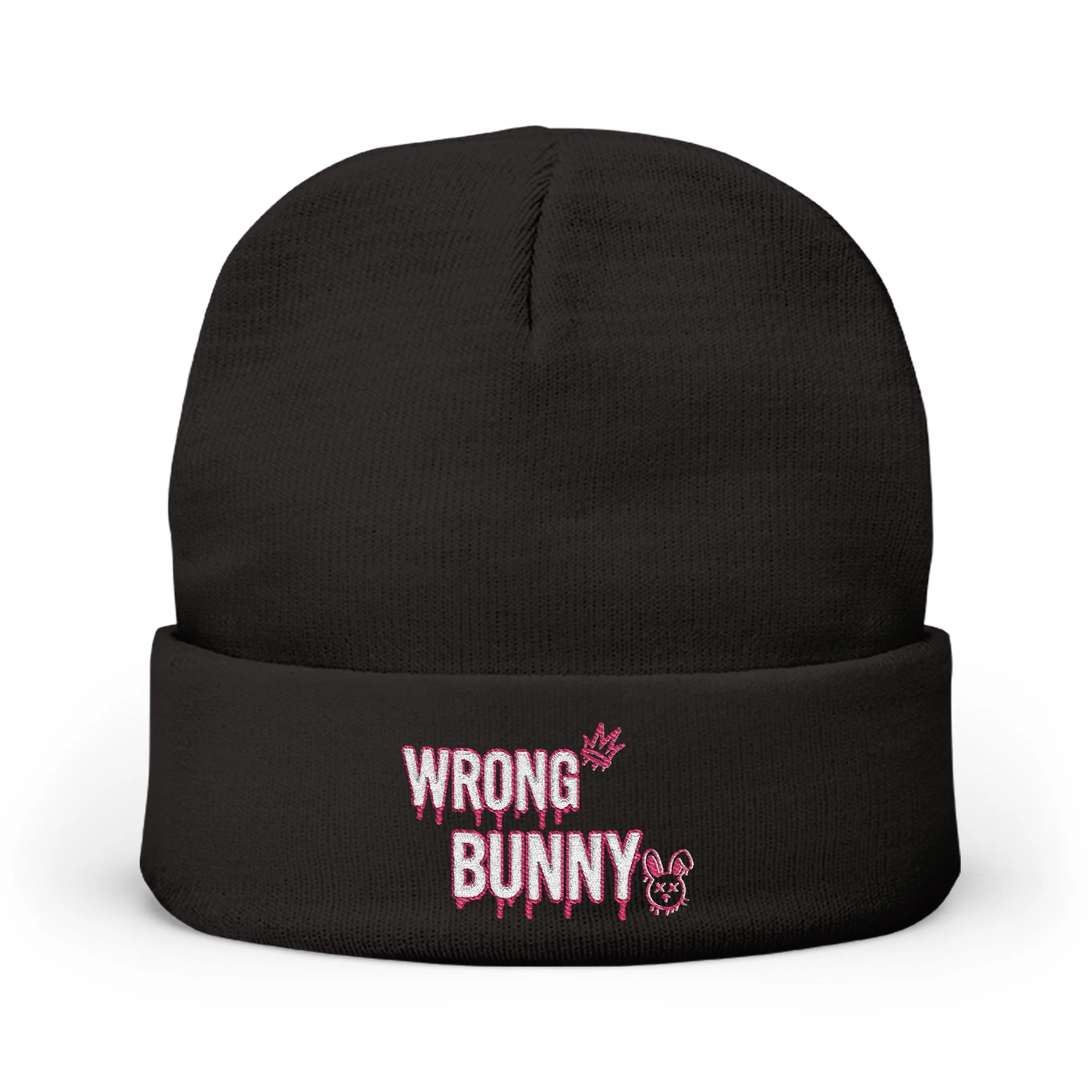 Wrong Bunny Embroidered Knit Beanie — Cute Creepy Bunny Winter Hat — official Shopify product image