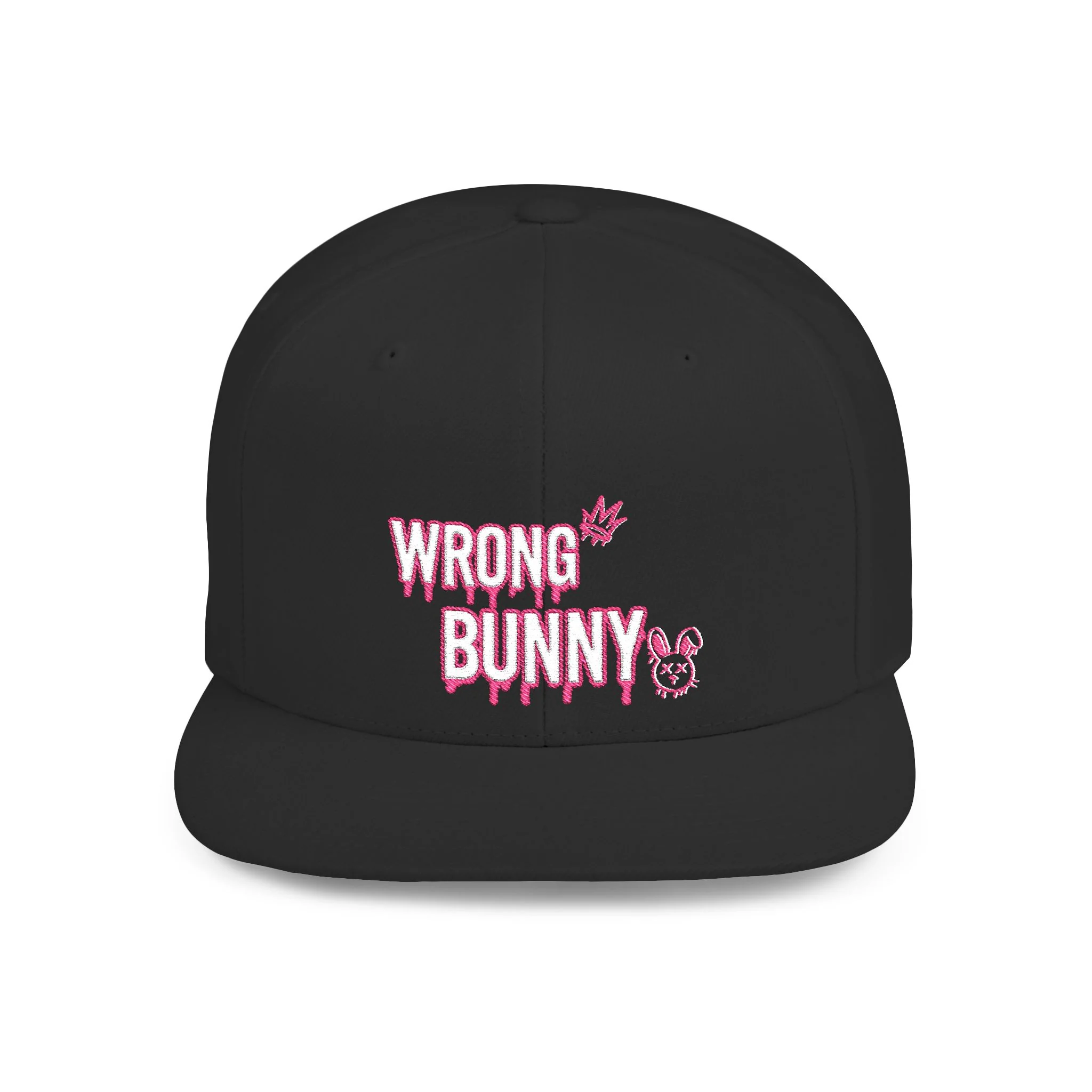 Wrong Bunny Snapback Hat — Edgy Pink Graphic Flat Bill Cap — official Shopify product image