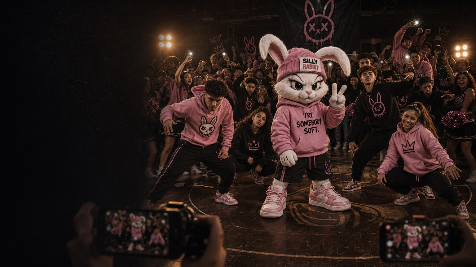 Silly Rabbit mascot performing with a school dance team wearing matching apparel